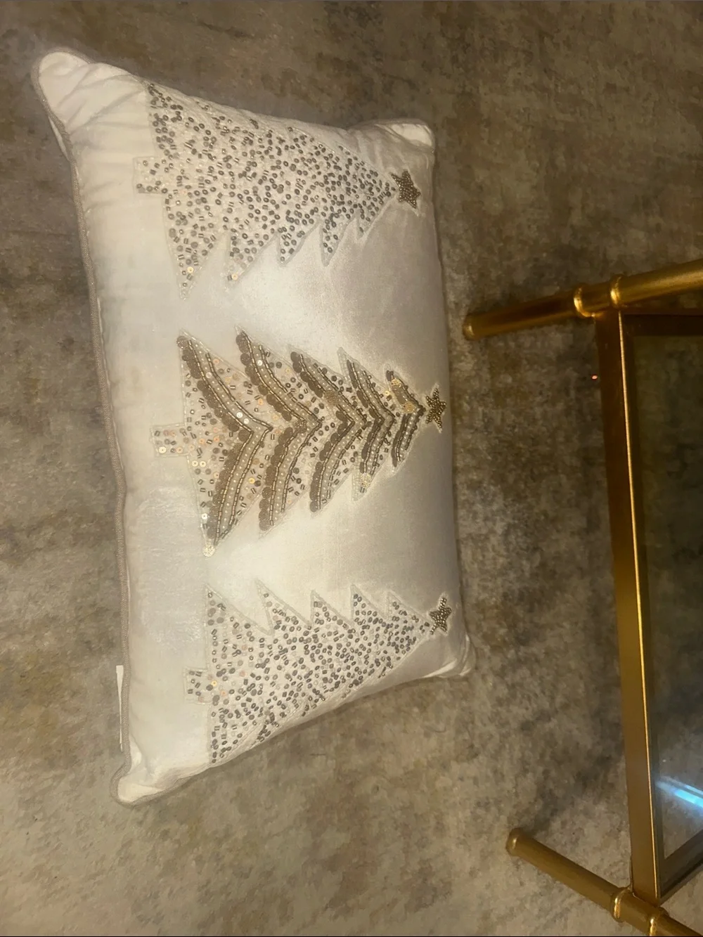 Christmas Holiday Sequin Tree Decorative Pillow - Cream and Gold